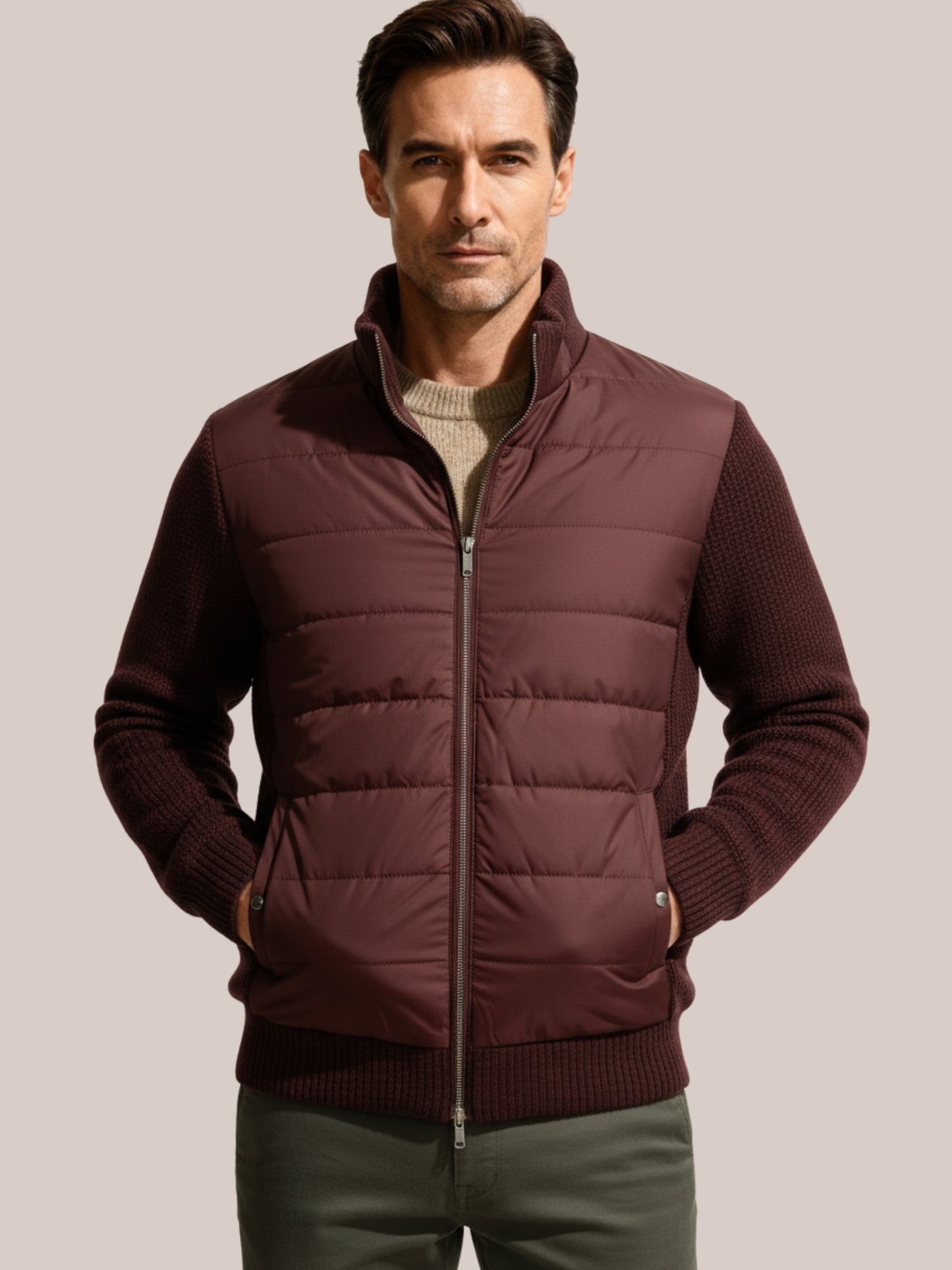 Heren fleece steppjack wijnrood met gebreide mouwen – Veensel collectie