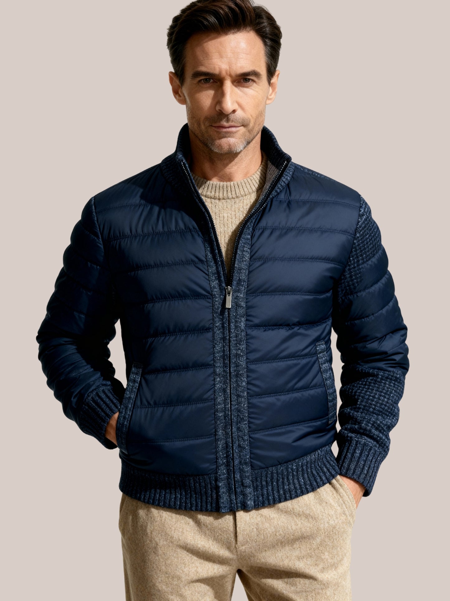 Heren fleece steppjack navy met gebreide mouwen – Veensel collectie