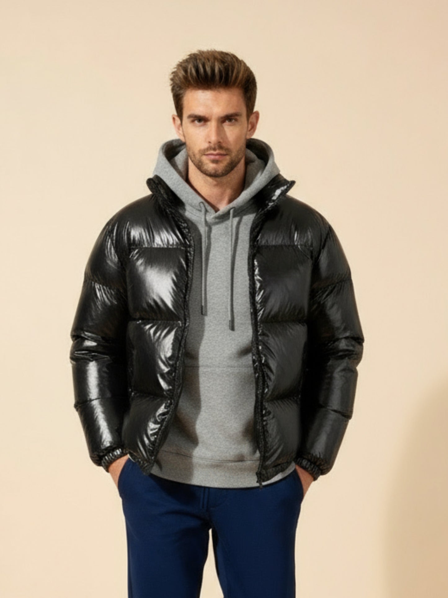 Heren glanzende pufferjas zwart – Veensel