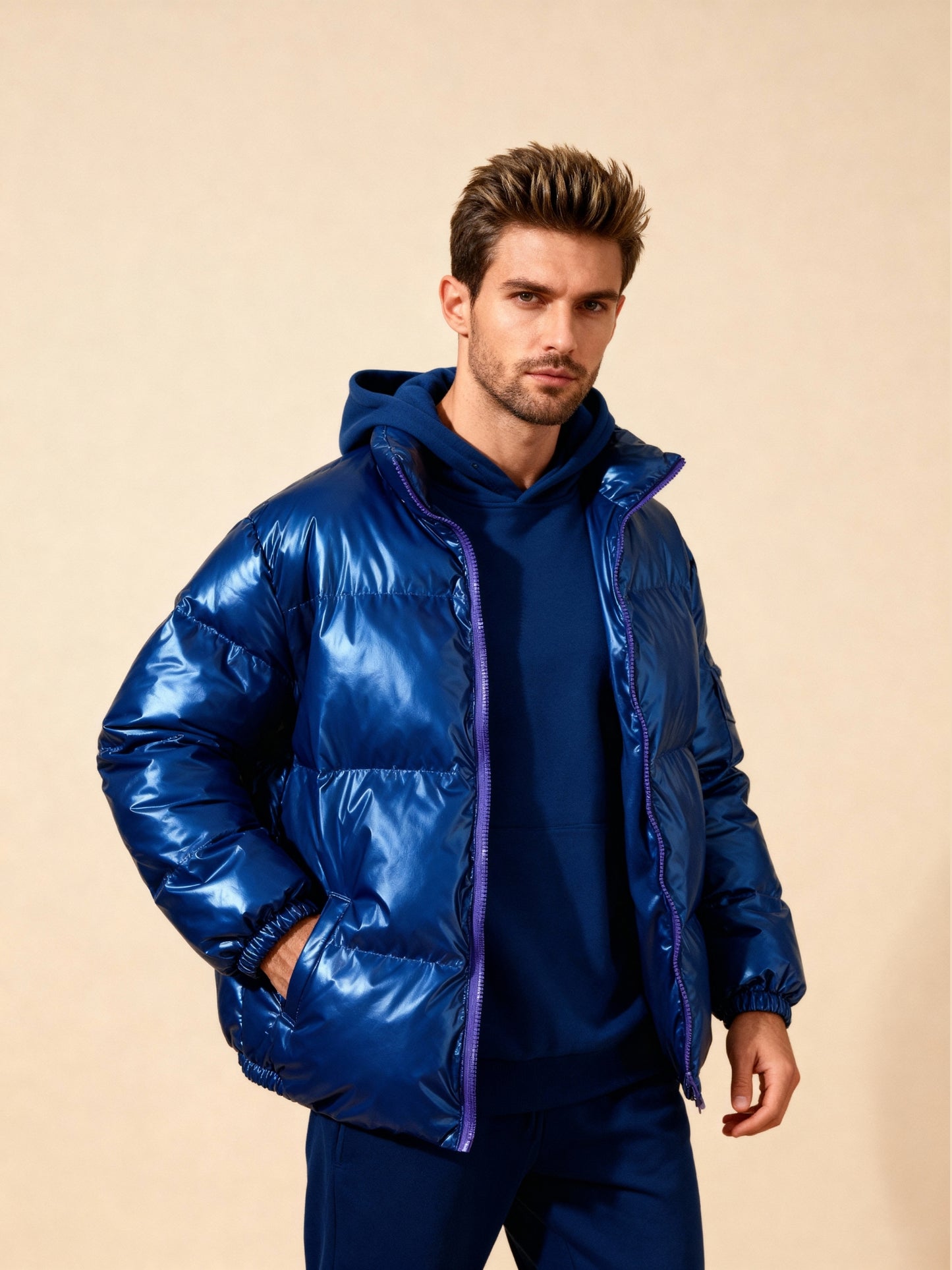 Heren glanzende pufferjas blauw – Veensel