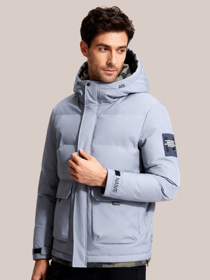 Heren winterjas blauw met capuchon en voorzak – Veensel