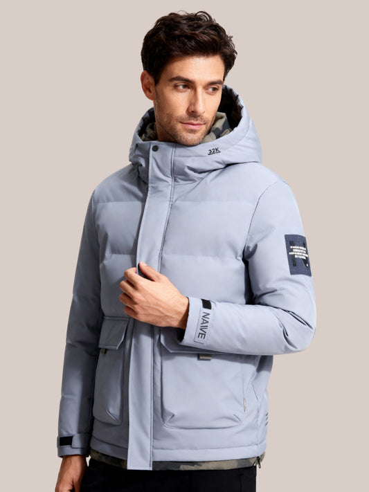 Heren winterjas blauw met capuchon en voorzak – Veensel