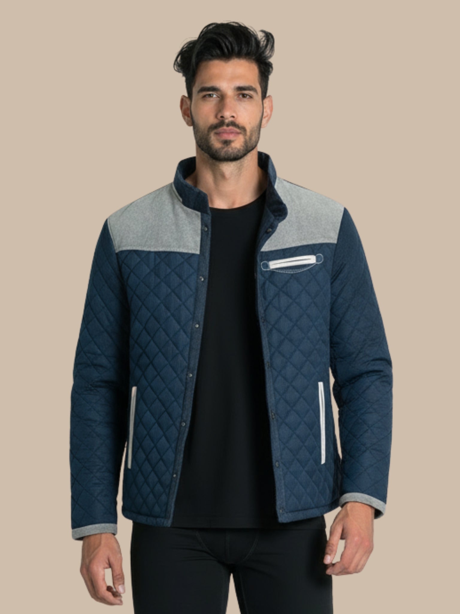 Heren gewatteerde jas met tweekleurig design en opstaande kraag – stijlvolle winterjas met comfortabele pasvorm.