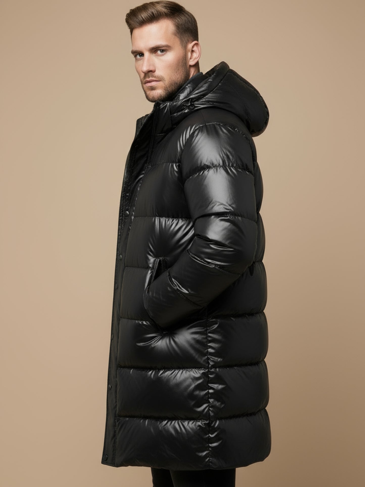 Heren lange donzen pufferjas zwart goud – Veensel&nbsp;