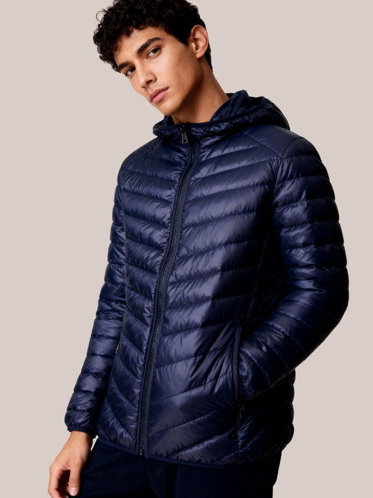 Heren gewatteerde jas marineblauw met capuchon – Veensel