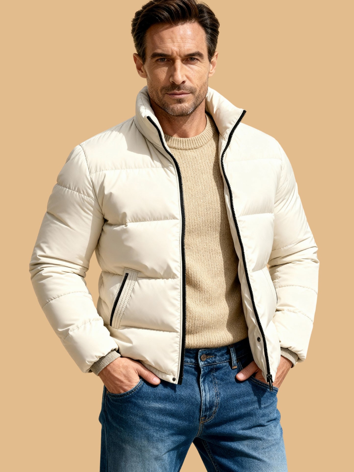 Heren korte pufferjas met gewatteerde vulling en opstaande kraag, moderne winterstijl voor dagelijks gebruik.