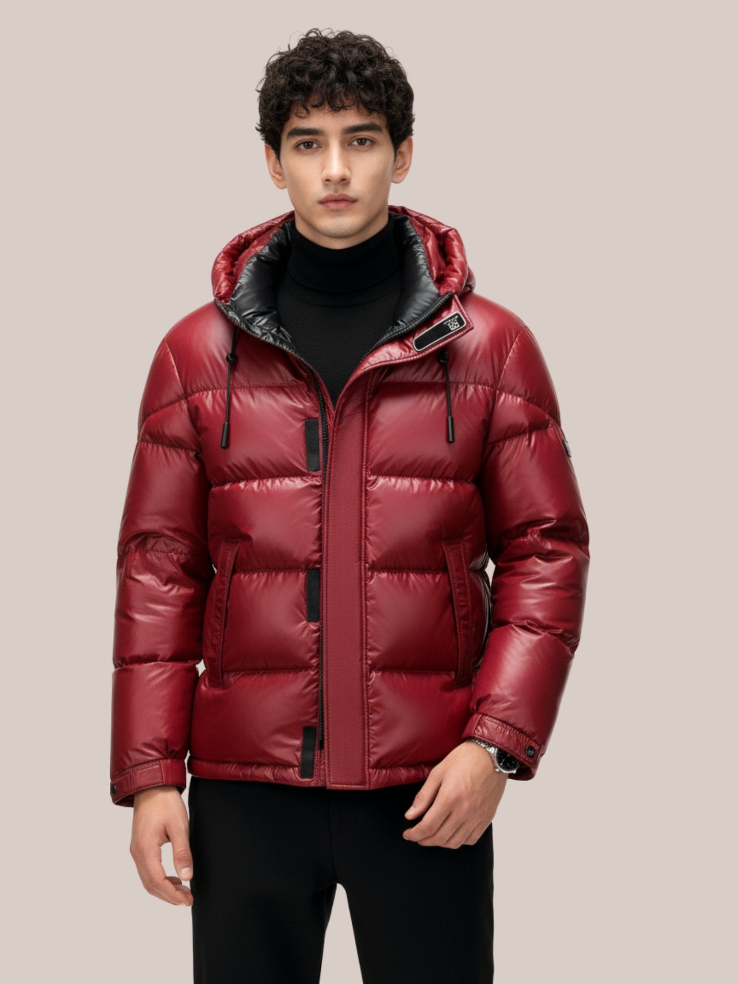 Heren donzen pufferjas rood met capuchon – Veensel