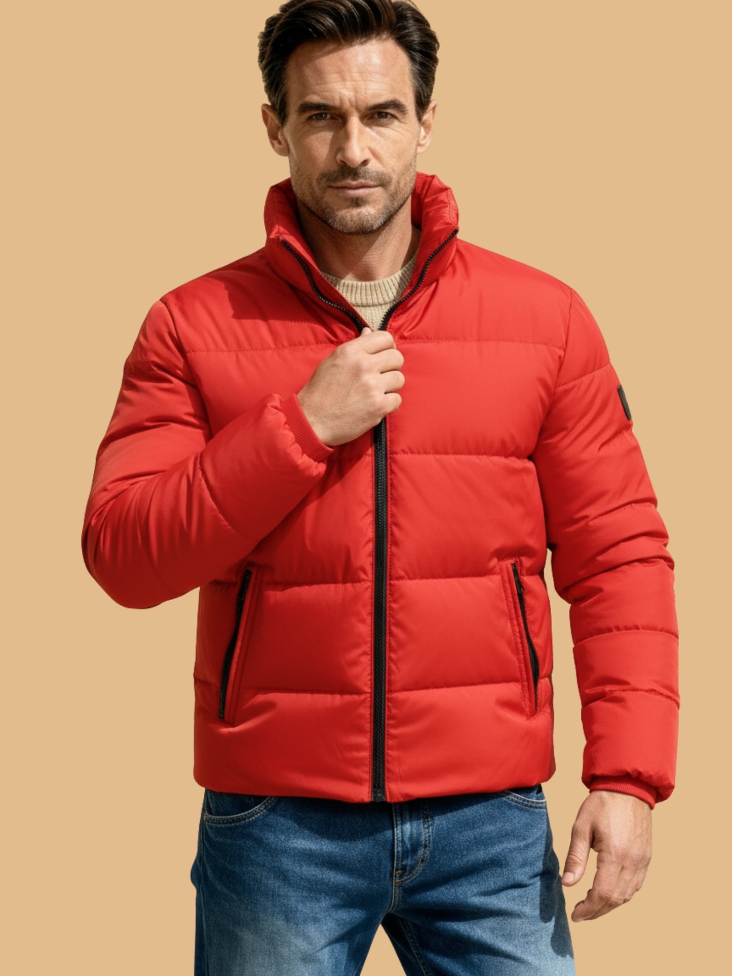 Heren korte pufferjas met gewatteerde vulling en opstaande kraag, moderne winterstijl voor dagelijks gebruik.