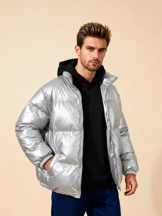 Heren glanzende pufferjas zilver – Veensel