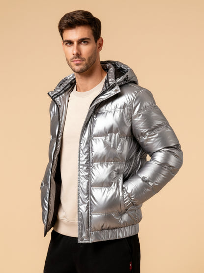 Heren glanzende winterjas zilver – Veensel